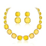 Ever Faith Yellow Statement Necklace Earrings Set, Round Rhinestone Crystal Boho Art Deco Costume Jewelry Set for Women Gold-Tone