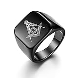 JewelryWe Men's Masonic Ring Polished Black Plated Stainless Steel Freemason Signet Ring Bands(Size V 1/2)