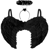 Womens Black Angel Wings And Halo - Ladies Fallen Dark Angel Costume for Womens Halloween Costume Adult - Adult Black Wings Halloween Fancy Dress Accessories