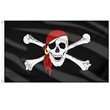 AhfuLife Pirate Jolly Roger Flag for Pirate Themed Party, 5ft x 3ft Large Pirate Red Scarf Flag Double Sides with Brass Eyelets for Halloween Indoor Outdoor Decorations