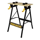TOUGH MASTER Foldable Workbench Tool Stand, DIY Portable 100kg Work Clamping Table, Heavy Duty Steel Frame, Bamboo Worktop, Wood Working Desk with 4 Swivel Pegs For Builders One Size Black & Yellow