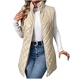 OVARA Women's Quilted Gilet Longline Stand Collar Lightweight Zip Padded Vest Thermal Comfy Casual Plain Puffer Gilets Ladies Body Warmers Long Sleeveless Jacket