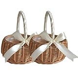 NIZEAMI 2Pcs Woven Flower Basket Rattan Storage Basket Flower Girl Hand Basket Handmade Flower Basket with Bow for Wedding Home Decoration, 19 * 10cm