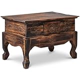 livasia Asian Opium Table, Coffee Table with Flower Carvings and Drawer, Handmade Bali Furniture (Indonesia)