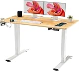 SANODESK QS+110 * 60 Electric Standing Desk ONE PIECE Height Adjustable Standing Desk With Memory Smart Panel Sit Stand Table With Hooks and Cupholder for Home Office (White Frame+ Maple Desktop)