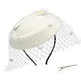 Umeepar Bowknot Pillbox Fascinator Hat Headband for Women Tea Party Wedding Hat with Veil Hair Clip (White)
