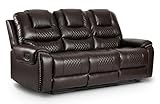 Lovesofas Luxury Brown Faux Leather Padded Diamond Tufted 3 Seater Manual Lever Recliner Sofa – Thick Arm Back & Head Padding Lazy Boy Couch, Easy Recline, Beautiful Stitching & Brass Studs