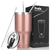 Livole 30Oz Stainless Steel Travel Mug, 900ml Insulated Tumbler with 2 Straws and 2 Lids, Double Walled Vacuum Travel Tumbler, Reusable Coffee Cup for Hot & Cold Drinks, Leakproof, BPA-free, Rose Gold