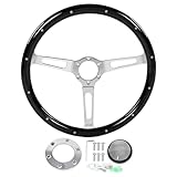 Steering Wheel, Fydun 380mm 15in Universal Classic Vintage Steering Wheel Assembly Wooden Steering Wheel Walnut Grip 3 Spoke Riveted 6 Hole Car Modification(Black)