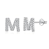 TIZU Initial Stud Earrings 925 Sterling Silver Hypoallergenic CZ Letter M Earrings for Women Girls Jewellery Gifts Christmas Birthday