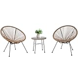 Eorthex Moon Rattan Chair Set with Glass Table, Acapulco Style Outdoor Egg Chairs & Conversation Bistro Sets for Garden, Patio, Balcony (Grey Brown)