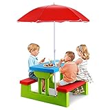 GYMAX Kids Picnic Table, Garden Bench Set with Detachable Parasol, Indoor Outdoor Children Activities Play Table (Green + Red + Blue)