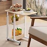 BTGGG Overbed Table with Lockable Wheels, Movable Bed Table with 2 Storage Shelves, Adjustable 68~85cm Height, Lightweight Overbed Laptop Desk for Bed, Sofa, Hospital, Elderly Care, Beige
