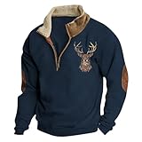 YOSUWOAI Men's Hunting Deer Printed Sweatshirt with 1/4 Button Placket, Long Sleeve Pullover, Vintage Winter Tops with Stand-Up Collar, Loose Fit, Winter Jumper, Oversized Work Jumper, O Navy, M