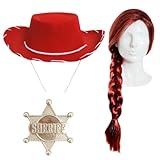 Child Cowgirl Costume – Red Cowboy Hat, Sheriff Badge, Red Plait Wig – Kids Dress-Up for Halloween, Parties, and Themed Events