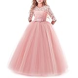 Flower Girls Lace 3/4 Sleeve Dress Wedding Bridesmaid First Communion Evening Party Floor Length Dress Kid Toddler Princess Pageant Birthday Prom Carnival Christmas Ball Gown Pink 9-10 Years