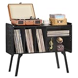 Record Player Stand with 4 Cabinet Holds Up to 220 Albums, Large Turntable Stand with Wood Legs, Mid-Century Record Player Table,Vinyl Holder Storage for Living Room,Bedroom,Black