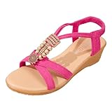 Women's Summer Retro Bohemian Style Beaded Velvet Open Toe Beach Outwear Plus Size Sandals Worn Women Shoes Collectors Summer Sandals to Increase Height Women Shoes, Hot Pink, 5 UK