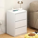 YOSHOOT Bedside Table, Nightstand with 3 Drawers and Power Station, Modern End Table, Wooden Storage Side Table for Living Room Bedroom, 40 * 35 * 59.5cm (White)