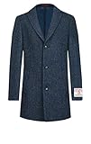Dobell Harris Tweed Mens Blue Herringbone Overcoat Regular Fit 100% Wool-M