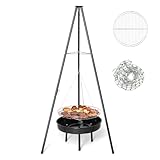 Bonnlo Campfire Tripod Grill - Portable Fire Pit BBQ with Fire Bowl - for Outdoor Camping BBQ, Black