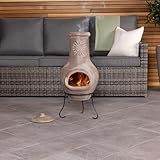 CHARLES BENTLEY Outdoor, Garden, Patio, Medium, Open Bowl, Natural Clay Chimenea, Patio Heater, Easy To Assemble, Rustic Finish, Sun Design, Burns Wood, Clay And Steel Stand, Weatherproof (80x35cm)
