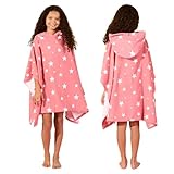 Dreamscene Kids Poncho Towel, Changing Robe Summer Holiday Boys Girls Kids Hooded Towel Swimming Pool Beach Surfing Quick Dry Soft Microfibre, Star Blush Pink One Size