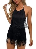 Sexy Backless Fringe Dress - Womens 1920s Flapper Tassel Halter Playsuit Romper Vintage Latin Dance Party Dresses(Black,M,1074r)