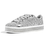 LUCKY STEP Women's Platform Glitter Sneakers | Sparkly Bling Shiny Dressy Bedazzled Wedding Bridal Fashion Walking Shoes (Silver, 11US-42EU-9UK)