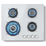 Gas Hob 4 Burners, TopStrong Glass Gas Hobs 60cm, 8060W Built-in White Gas Hob with Flame Out Protection, LPG/NG Compatible, Enamelled Pan Supports & Easy Clean Surface