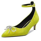Castamere Women Mid Kitten Heel Pointed Toe Pumps Court Shoe Ankle Strap Wedding Sexy 5 CM Heels Lime Green Suede 4 UK