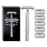 Wilkinson Sword Double Edge Razor For Men, Barber's Style Wet Shavers for a Close and Comfortable Shave, 1 Double-Sided Razor Handle plus 5 Blades Refills Pack