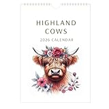 Highland Cows 2026 Wall Calendar, A4 Size, Made in Britain, Countryside Watercolour Art