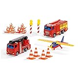 siku 6330, Fire brigade gift set, Truck with aerial rescue platform, Fire engine, Aeroplane, Movable parts, Incl. Pylons, Beacons and Flames
