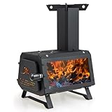 COSTWAY Wood Stove, Camping Burning Stove with Pot Rack, Chimney Pipe and Glass Window, Portable Tent Wood Stove Heater for Picnic Fishing Hiking (28 x 20 x 37 cm)