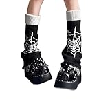 Golden Apple Reversible Knitted Leg Warmers Halloween Gyaru Gothic Punk Y2K Knee High Stockings for Women (Black Spider Web, L)