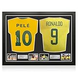 Exclusive Memorabilia Pele And Ronaldo De Lima Signed Brazil Football Shirts. Dual Frame