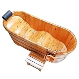 Qcesorib Freestanding Wooden Bathtub with PU headrest, All-Wood Bathtub for Indoor with Small Stool, Contemporary Soaking Wooden Tub with Hanging Basket, for Hot Bath Ice Bath