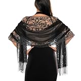 Jeffdad Women's Floral Lace Scarf Shawl wif Tassels for Women's Evening Dress Evening Party Mesh Wedding Shawls (Black)