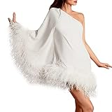 FeMereina Women's Sexy One Shoulder Long Sleeve Faux Fur Bodycon Mini Club Dress Asymmetric Hem Fluffy Dress (White, L)