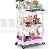 Yeabett 3 Tier Storage Trolley with Drawer, Utility Cart with Plastic Shelf & Lockable Wheels Multifunctional Storage Cart for Kitchen, Bathroom, Office, Living Room, White