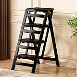 Library Stool, Kitchen Chair Stool with Fold Out Steps Retro, 4-Step Wooden Folding Ladder, Portable Step Stool for Adults, Vintage Step Stool for Home, Garden