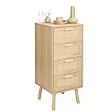 Finnhomy Rattan Chest of Drawers Bedroom, Tall Chester of Drawers with 4 Hand Made Rattan Decorated Drawers for Bedroom, Small Bedside Cabinet with Wood Legs, Natural