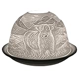 Cello Porcelain Tealight Holder Dome, Highland Cow Design, A Candle Holder Projecting a 3D Loving Image. Highland Cow Ornaments - Use With Tealights or LED lights - Highland Cow Gifts ., White