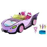 Monster High Toy Car, Ghoul Mobile with Pet and Cooler Accessories, Purple Convertible with Spiderweb Details