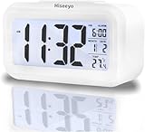 Hiseeyo Upgraded Digital Alarm Clock, 4.3" LED Display with Temperature Larger Lound Light Control Portable Snooze Calendar Brightness with Battery Powered Alarm Clocks Bedside for Everyone (White)