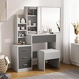 Blisswood Dressing Table with 10 Led Bulb & Mirror and Stool, Vanity Desk with 4 Drawer, 3 Open and 3 Hidden Storage Shelves, Modern Makeup Table for Bedroom & Living Room (Silver Grey & Grey)
