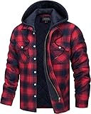 TACVASEN Men Flannel Jacket Shirt Long Sleeve Plaid Jacket Cotton-Padded Jacket Coat Winter Hooded Lumberjack Jacket Shirt Red