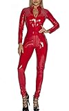 FEOYA Women's Erotic Cosplay Clothing One-Piece Long Sleeve Jumpsuit Sexy Zipper Catsuit Tight PVC Leather Red M