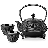 Gr8 Home Black 5 in 1 Cast Iron Japanese Style Teapot Set Stovetop Tetsubin Hobnail Design 800ml Tea Pot Kettle with Infuser Cups Trivet Stand Tray